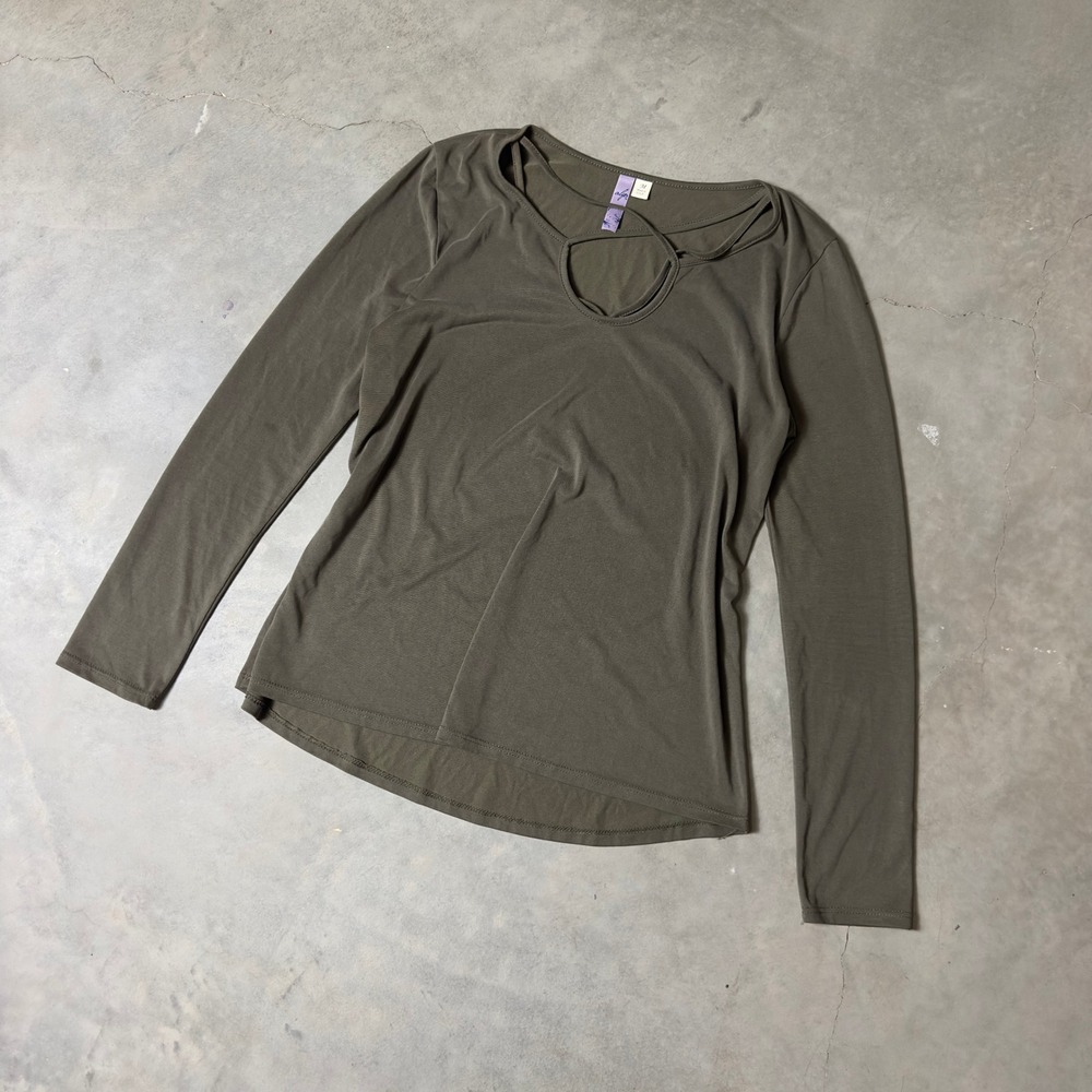 Vintage Alya Cutout Neckline Top Womens Medium Olive Green Long Sleeve USA Made